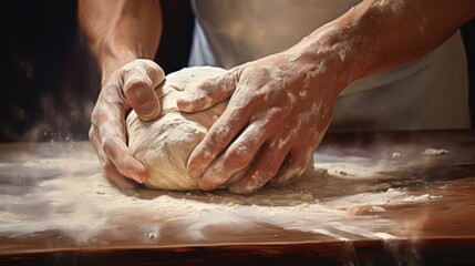 Close-up of hands kneading dough on a wooden table.