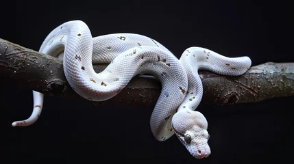 Fotobehang In a dark studio, a white common tree boa wraps its body around a branch against a black background. © Suleyman