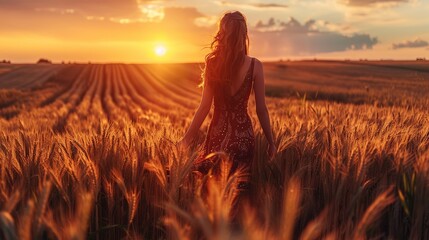 Dressed woman standing in a wheat field at dusk