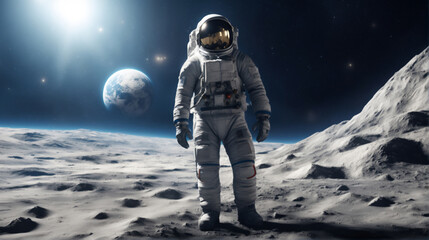An astronaut poses for the camera on the lunar surface, with the world visible behind him. - Generative AI - Powered by Adobe