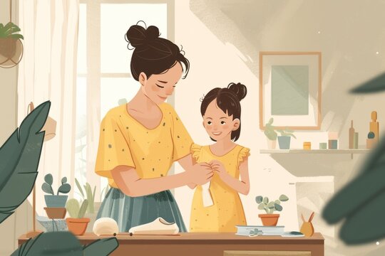 illustration of a mother helping her child get dressed