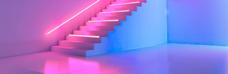 Stairs in the building in modern neon magenta lighting. AI generated illustration