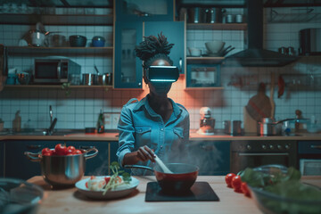 A woman wearing virtual reality goggles is cooking in a modern kitchen, the woman sees the recipe and calories of the dish through the goggles. - obrazy, fototapety, plakaty