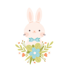Cute white bunny with floral bouquet. Easter and spring character. Vector illustration in flat style