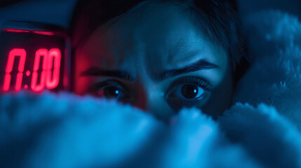Closeup of a woman lying in bed, covered with blanket or sheets, frustrated young female person can't sleep, alarm clock in the background, showing 00:00, midnight time. Insomnia and sleepless problem
