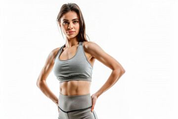 Fototapeta premium Portrait of smart woman posing for exercise isolated on white background, wearing sport shirt for workout at fitness, healthy body.