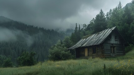 a wooden home in a lush setting on a dreary day - obrazy, fototapety, plakaty