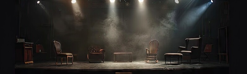 Dark Stage with Shining Spotlights and Different Chairs, Theater Performance, Empty Seats on Stage