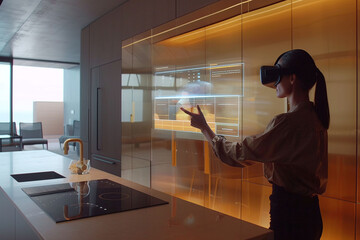 A woman wearing virtual reality goggles is cooking in a modern kitchen, the woman sees the recipe and calories of the dish through the goggles.