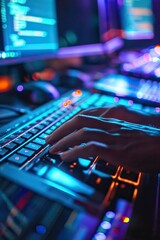 Cyber security concept. Hacker working on a computer in a dark room. A close-up of a programmer's hands typing furiously on a keyboard in the glow of multiple computer screens.