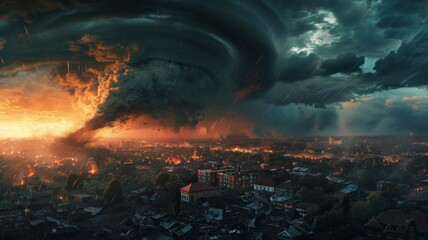Apocalyptic tornado over fiery cityscape - An intense scene with a massive tornado swirling above burning buildings, depicting chaos and disaster in an urban environment