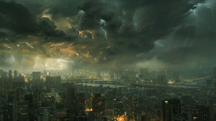 Stormy cityscape with lightning and dark skies - A foreboding cityscape with intense lightning and dark, tumultuous clouds portending a severe storm - obrazy, fototapety, plakaty
