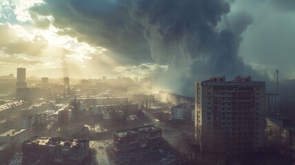 Dramatic cityscape under menacing storm clouds - A city skyline stands against a backdrop of dark, swirling clouds pierced by beams of sunlight, highlighting the contrast of natural elements and urban - obrazy, fototapety, plakaty