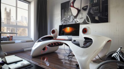 Futuristic office setup with wall art - A modern and sleek office environment featuring a spaceship-like desk and high-tech gadgets, complemented by a large wall art of a humanoid figure