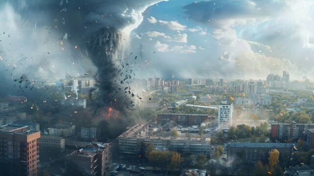 City engulfed by a destructive tornado - An epic scene depicting a tornado tearing apart a cityscape, with debris flying and buildings being destroyed