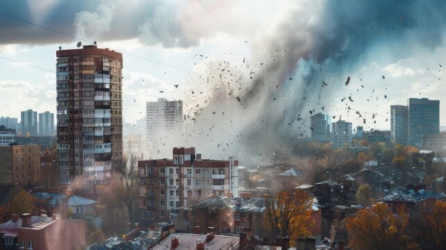 Explosion in urban cityscape with debris - A dramatic explosion with flying debris in a residential area depicting destruction and chaos
