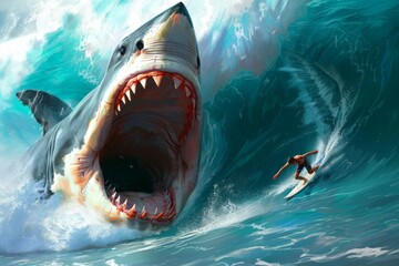 Surfer escaping a giant shark's jaws - An intense moment where a surfer narrowly dodges the massive open jaws of a great white shark - obrazy, fototapety, plakaty