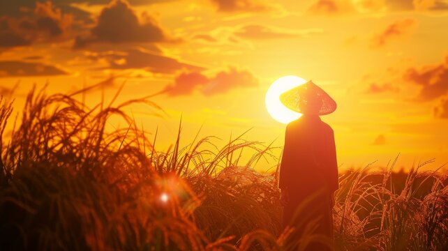 Silhouetted figure in Asian conical hat at dusk - The image captures a person in a traditional Asian hat standing amidst tall grasses against a vibrant sunset sky