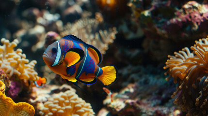 Naklejka na ściany i meble Clown trigger fish is swimming near coral reef