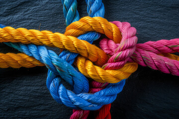 Fototapeta premium Rope knot on dark background, close up. Several colored ropes tied together
