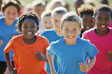 Happy children running together. Group of joyful kids enjoying run. Diverse children competing in running race