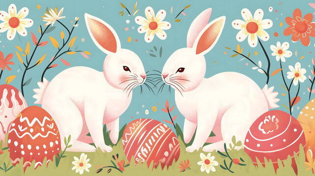 Easter bunnies and eggs illustration with sun flowers and artistic eggs. Easter 2024.