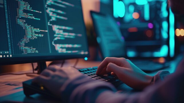 Close-up of a programmer's hands typing on a backlit keyboard, with lines of code displayed across multiple computer screens. AIG41