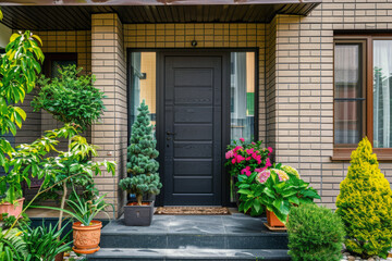 Main entry in family house. Modern exterior of house with door and plants in front yard. Front view of doorway in residential building
