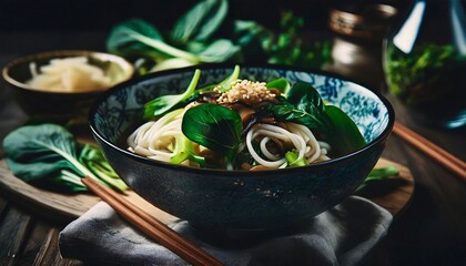 Asian vegetarian food udon noodles with bok choy. Traditional Japanese cuisine. - obrazy, fototapety, plakaty