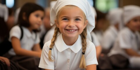 A young girl wearing a white shirt and a chefs hat