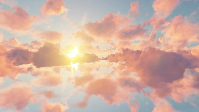 Blue sky with pink clouds at sunset reflected on mirror surface 3d animation