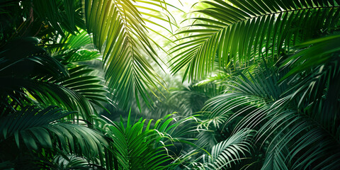 Green tropical vegetation jungle with palm leaves