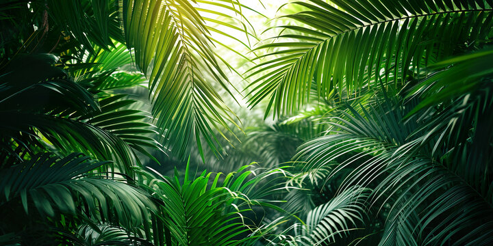 Green tropical vegetation jungle with palm leaves