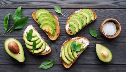Delicious avocado toasts. Healthy and tasty vegan food. Flat lay - obrazy, fototapety, plakaty