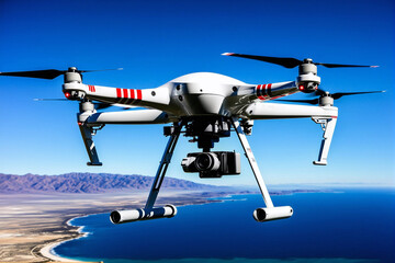 Drone quadcopter with digital camera flying in the field.