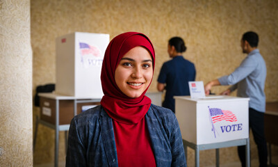 A young Arabic woman is seen casting her vote at a voting booth during the USA general elections. She is wearing a red headscarf and a grey jacket, and holding a voter registration card. She is