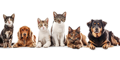 Group of cats and dogs isolated on white background