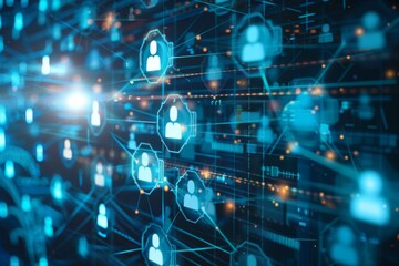 Obraz premium Abstract digital network with user icons - An abstract representation of a digital network, with interconnected user icons glowing on a dark background, symbolizing connectivity and cybersecurity