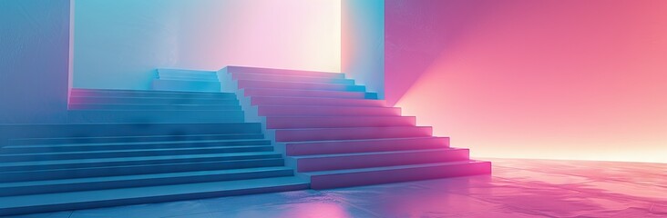 Stairs in the building in modern neon magenta lighting. AI generated illustration