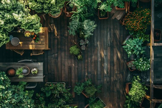 Aerial view of a lush backyard garden setup - Overhead image of a well-maintained backyard garden teeming with green plants and cozy wooden furniture