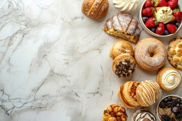 Assortment of delectable bakery items - A delightful arrangement of pastries, cakes, and fruits, showcasing a mix of textures and tastes