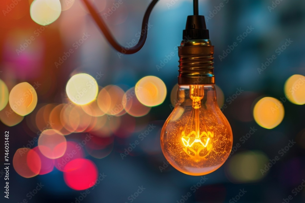 Poster Edison light bulb with warm bokeh lights - A warm and inviting image featuring a classic Edison filament bulb against a backdrop of colorful bokeh lights