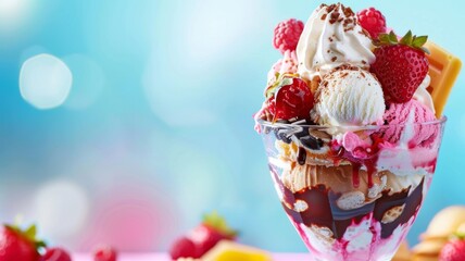Delicious sundae with various sweet toppings - A mouthwatering sundae overflows with scoops of ice cream and an abundance of sweet toppings against a bright backdrop