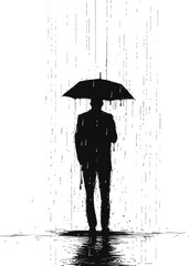 Silhouette man with umbrella during drizzle black color only