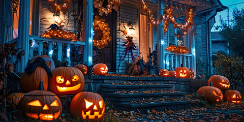 Obraz premium Halloween pumpkins and decorations outside a home