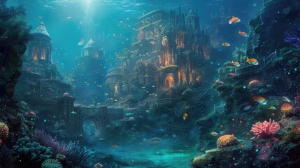 Fototapeta na wymiar An underwater city with bioluminescent coral, schools of colorful fish, and ancient ruins, all illuminated by the eerie glow of an underwater volcano. Resplendent.