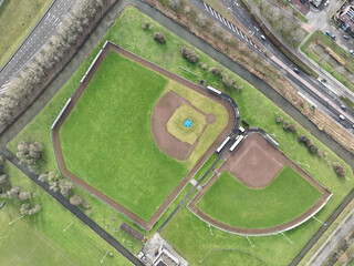 Baseball field, sport accomodation. Aerial top down overview. Outline of the amateur sports field.