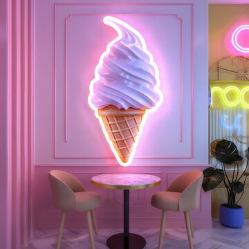 a table and chairs in a room with a pink wall with a large ice cream sign