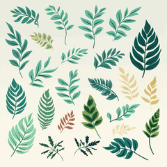 Fototapeta premium Set of tropical branches and leaves plants on free shape element isolated on background. Vector illustration