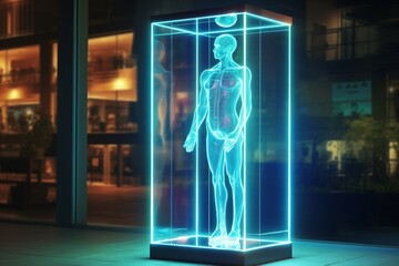 a transparent human body in a glass case